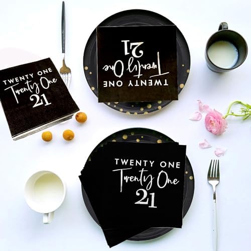 40pcs Black and Silver 21st Birthday Disposable Paper Napkins,21st Birthday Party Decorations for Cake Dessert Berverage Tableware Cocktail Napkins