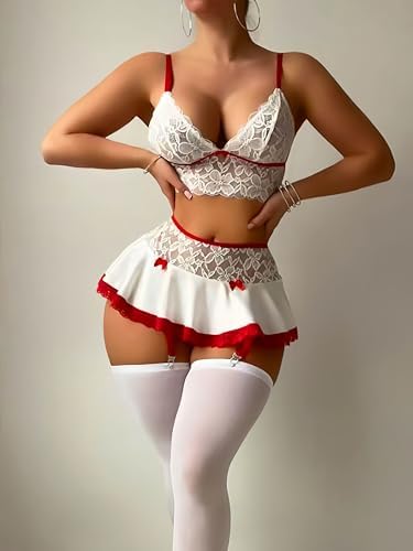 Sexy Lingerie for Women Naughty Outfits Lace Cami Bras Mini Skirt Garter with Thong 4 Piece Babydoll Lingerie Sets