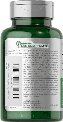Horbäach Odorless Garlic Softgel Supplement | 200 Count | Ultra Potent Concentrated Herbal Extract | Non-GMO & Gluten Free