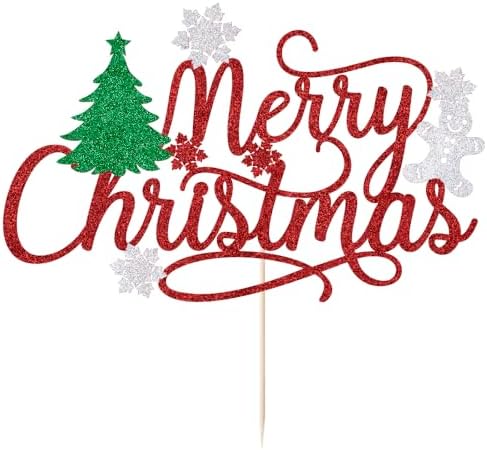 Merry Christmas Cake Topper, Red glitter Xmas Holiday Cake Decorations, for Winter, Santa, Happy New Year Party, Christmas Theme Gingerbread Man Party Cake Decorations