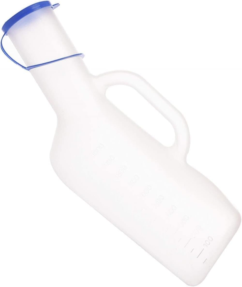Male Urinal - Urine Bottle with Long Neck, Spout Length 11cm Lid and Handle - 1 Litre CapacityUrinal