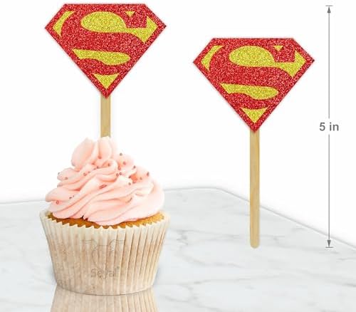 Suprman Cupcake Topper – Superhero Party Decorations for Boys, Man of Steel Birthday Cupcake Picks, Justice League Cake Toppers, Comic Hero Theme Party Supplies, Super Hero Dessert Decor