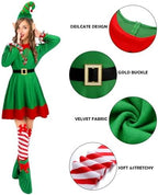 Suhine 12 Pcs Women Christmas Elf Costume Santa's Helpers Dress Outfit Elf Hat Bells Ears Shoes Xmas Fancy for Party