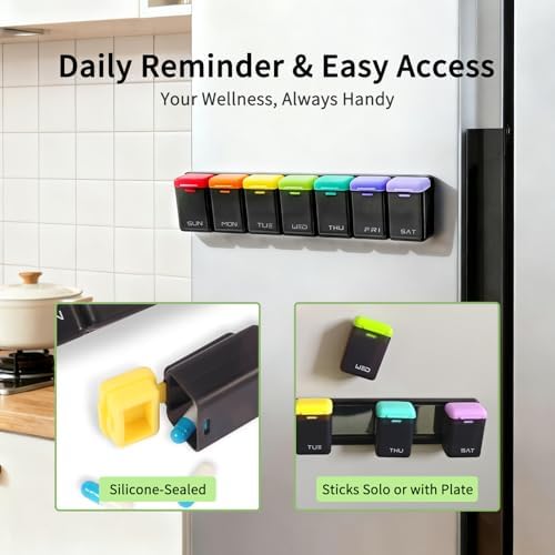 Weekly Pill Organizer 1 Time a Day Weekly Pill Organizer Magnetic Large Travel Pill Case, Week Once Daily Medication Dispenser Medicine Container Holder for Supplement Box 7 Day 1 Time a Day(Black)