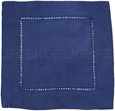 CleverDelights Navy Hemstitch 6" Cocktail Napkins - 12 Pack - 55/45 Linen Cotton Blend