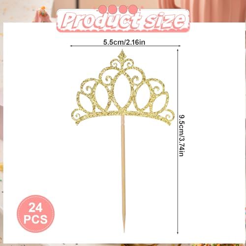 24Pcs Gold Crown Cupcake Toppers Glitter Queen Crown Cupcake Picks for Queen Princess Theme Baby Shower Girls Wedding Birthday Party Cake Decorations Supplies(Gold)