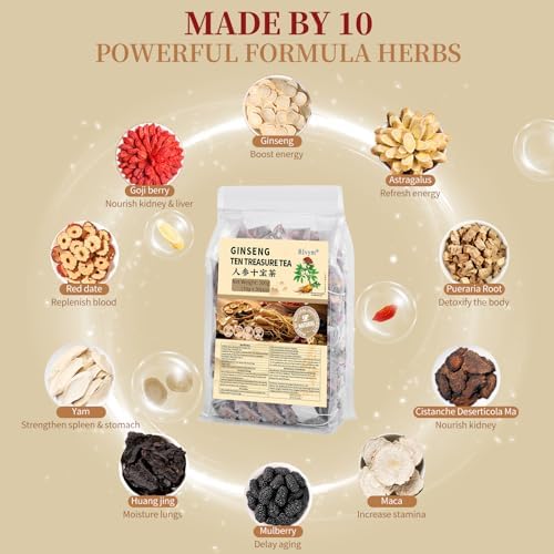 60Pcs Ginseng Ten Treasures Tea, Chinese Traditional Kidney Care Herbal Tea, Natural Kidney Cleanse Detox Tea for Women & Men, 10 Precious Ingredients Formula(60Bags, 600g)