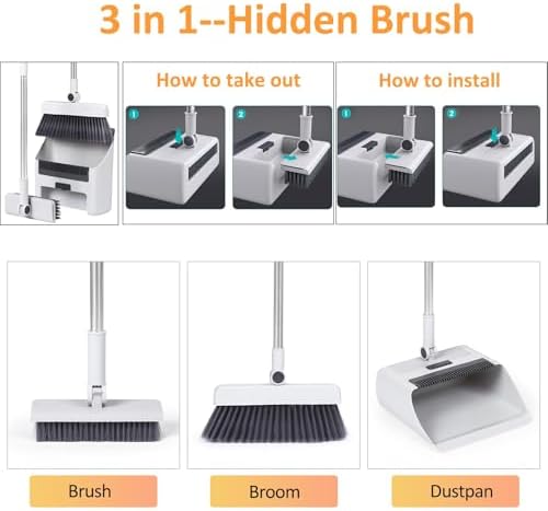 3 in 1 Broom and Dustpan Set with Adjustable Push Broom with 48.8“ Long Handle for Floor Sweeping Outdoor Indoor Sweeping Combo for Home & Kitchen (White)