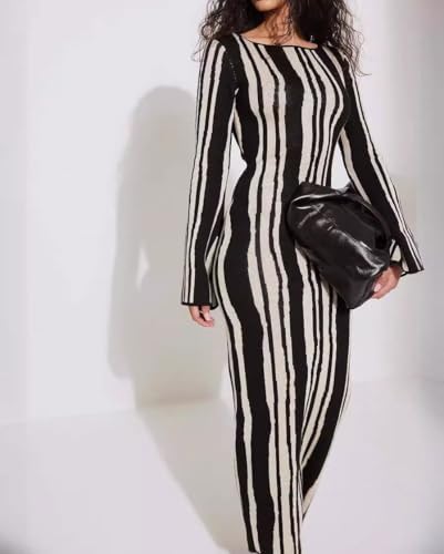 chouyatou Women's Elegant Long Sleeve Sweater Maxi Dress Sexy Stretchy Bodycon Striped Pullover Knit Sweater Dress