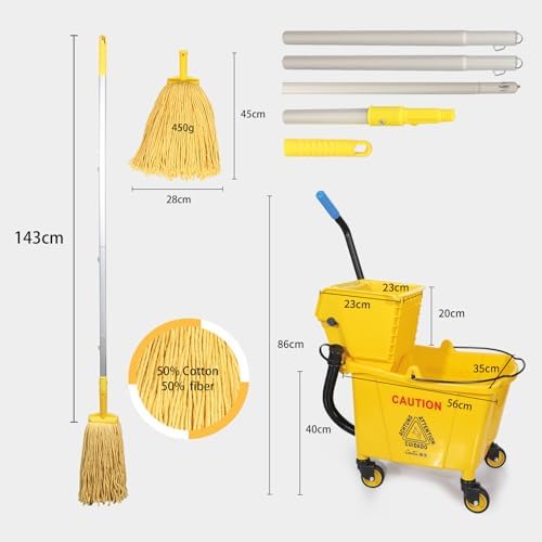 35-Qt Side Press Wringer Combo Commercial Floor Cleaning Rectangular Mop Bucket on Wheels, Yellow,Add One Commercial Mop and One Mop Head Replacement
