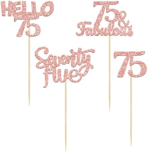 Gyufise 24Pcs Rose Gold Glitter 75 Cupcake Toppers 75th Birthday Cupcake Toppers Hello 75 Seventy Five 75 Cake Toppers 75 Fabulous Cupcake Picks for 75th Birthday Cake Decorations Supplies