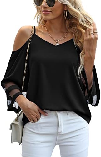 Jouica Womens Summer Cold Shoulder Tops Mesh Panel 3/4 Bell Sleeve Tees Adjustable Spaghetti Strap Loose Fit Shirts