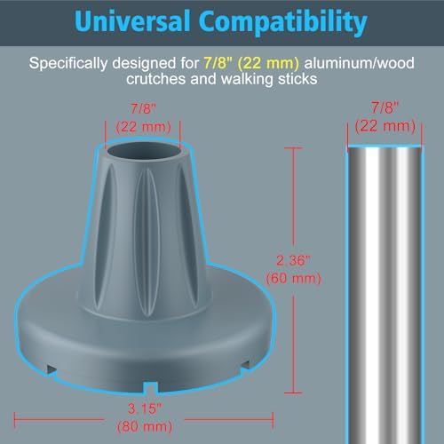 supregear Crutch Tips 7/8 in (22 mm), Anti-Slip Rubber Tips All Terrain, Heavy Duty Extreme Grip Replacement Feet Caps for Walking Stick, Wide Crutch Accessories Base with Metal Insert, 2-Pack, Grey
