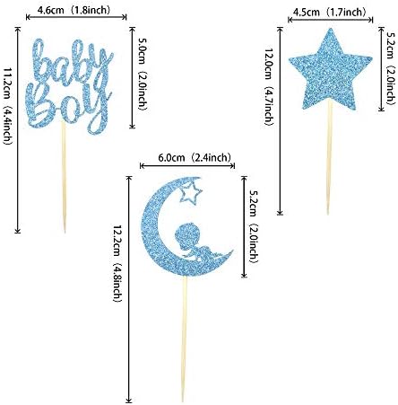 24 PCS Baby Shower Boy Cupcake Toppers with Moon Star Blue Glitter Cupcake Picks Boys Birthday Party Supplies