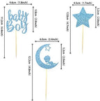 24 PCS Baby Shower Boy Cupcake Toppers with Moon Star Blue Glitter Cupcake Picks Boys Birthday Party Supplies