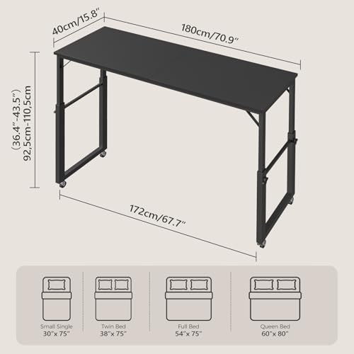 Overbed Table with Wheels, Queen Size Mobile Bed Desk with Adjustable Height, Rolling Table, Laptop Table, Recliner Desk, for Bedroom, Living Room, Office, Black MTBK18001