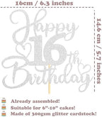 Sotpot 1PC Happy 16th Birthday Cake Topper Double-sided Silver Glitter Cake Pick Cake Decoration for 16th Birthday Anniversary Party Cake Decorations
