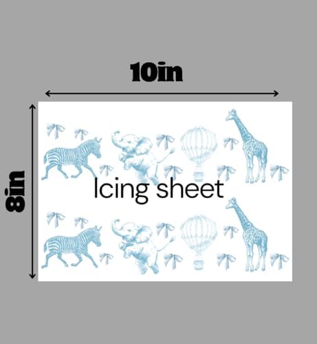 Safari Animal Cake Decorating Sheet, Blue Toile Pattern, 10x8 Inch Edible Icing Topper for Baby Shower