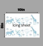 Safari Animal Cake Decorating Sheet, Blue Toile Pattern, 10x8 Inch Edible Icing Topper for Baby Shower