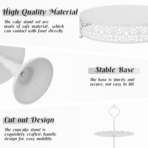 Fivenl 8 Pcs Cake Stand White Metal Dessert Table Display Set, 3-Tier Cupcake Stand, Cake Display Tower and Cookie Tray Rack Serving Tray for Birthday Party, Weddings, Baby Shower (White)
