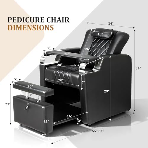 OmySalon Electric Pedicure Chair Pedi Station w/Adjustable Backrest, Movable Hand Pillow & Hidden Storage Platform, No-Plumbing Full-Floor Support for Professional Nail Tech Supplies Spa Salon (Black)