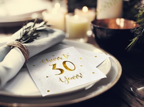 Cheers to 30 Years Cocktail Napkins | Happy 30th Birthday Decorations for Men and Women and Wedding Anniversary Party Decorations | 50-Pack 3-Ply Napkins | 5 x 5 inch folded (White)