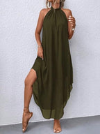 SKAYS Women's Elegant Halter Neck Dress High End Sleeveless Cocktail Party Dress Summer Flowy Wedding Guest Long Dress