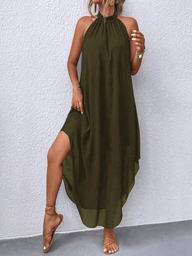 SKAYS Women's Elegant Halter Neck Dress High End Sleeveless Cocktail Party Dress Summer Flowy Wedding Guest Long Dress