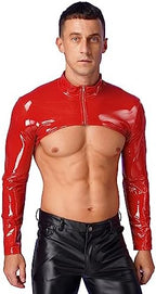 Mufeng Mens Wet Look Faux Leather Arm Sleeves Shrug Shirt Tops Zipper Jacket Clubwear
