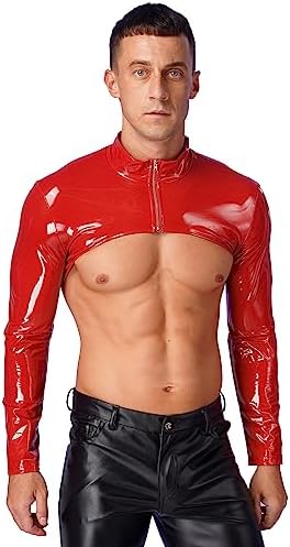Mufeng Mens Wet Look Faux Leather Arm Sleeves Shrug Shirt Tops Zipper Jacket Clubwear
