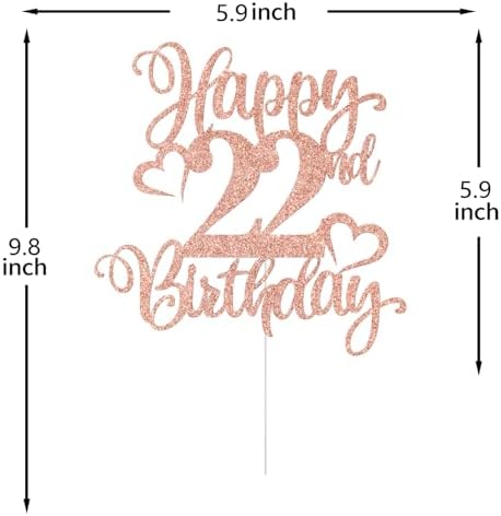 Happy 22nd Birthday Cake Topper, Cheers to 22 Years, Hello 22, 22nd Birthday Anniversary Party Decorations, Rose Gold Glitter
