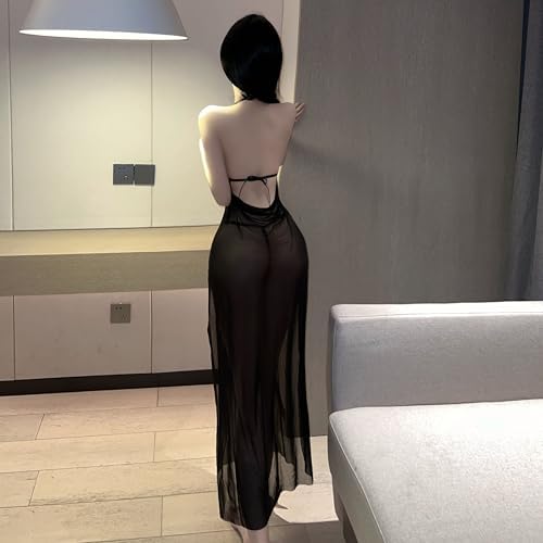 Lace strapless see-through seductive pyjamas sexy slit skirt halter lace uniform set