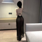 Lace strapless see-through seductive pyjamas sexy slit skirt halter lace uniform set