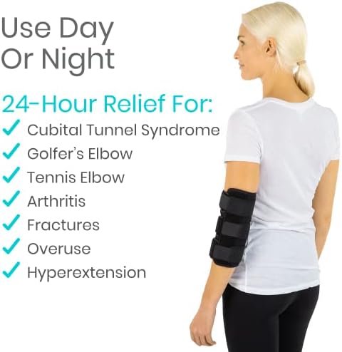 Vive Elbow Splint Brace for Tendonitis, Cubital Tunnel, Sleep Support, Tennis Elbow - 2 Removeable Splints That Stabilize Joint for Pain Relief - Arm Compression Sleeve Immobilizer for Men and Women