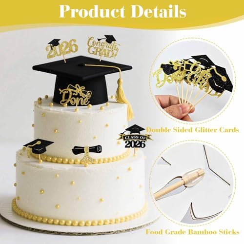48PCS Graduation Cupcake Toppers 2026, Glitter 2026 Grad Cupcake Topper, Graduation Cake Decorations for Party Centerpieces, Family Celebrations(Black&Gold)
