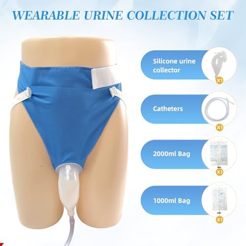 Wearable Urine Collection Bag External Catheter for Men,Reusable Portable Silicone Urinal with 1000ml and 2000ml Urine Catheter Bags,Blue