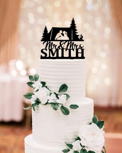 Camping Wedding Cake Toppers Bride & Groom Hiking Silhouette Rustic Outdoor Celebration Topper Travel Theme Acrylic Decor Adventure Begins Bride And Groom Accessories Mr and Mrs Sign