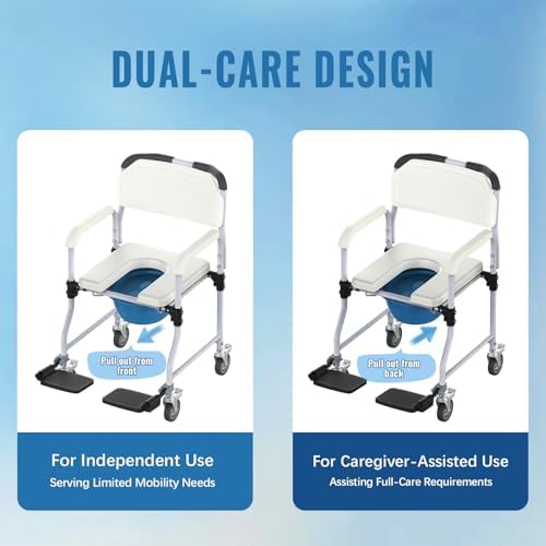 Bedside Commode Chair with 4 Lockable Wheels, 3 in 1 Wheelchair for Bathroom, Portable Toilet with Arms, Padded Seat, Footrests, Backrest for Elderly, Disabled Handicap & Seniors