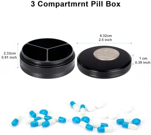 Metal Pill Case 3 Compartment - Waterproof Pocket Purse Pill Box Aluminium Travel Pill Container Medicine Organizer Portable Daily Pill Holder for Vitamins Medication Fish Oils
