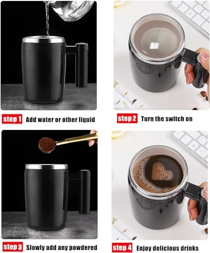 Self Stirring Mug,Rechargeable Auto Magnetic Coffee Mug with 2Pc Stir Bar,Waterproof Automatic Mixing Cup for Milk/Cocoa at Office/Kitchen/Travel 14oz Best Gift - Black