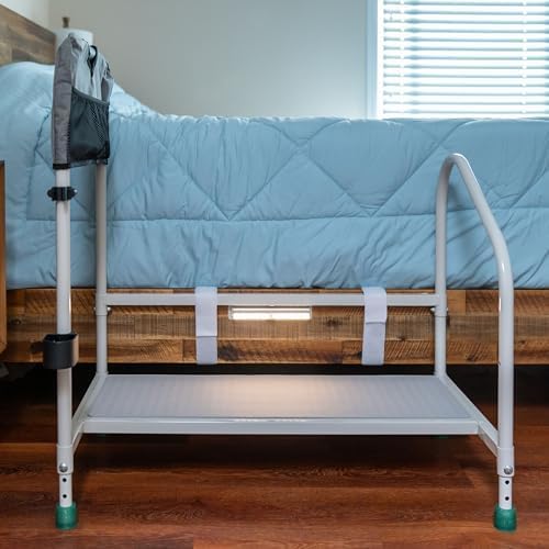 step2bed Deluxe Bed Rails for Elderly Adults - Adjustable Height Bed Safety Rail for Seniors with Cane Holder, LED Light, Mesh Bag, Handicap Grab Bars and More - Premium Bed Side Step Assist Device