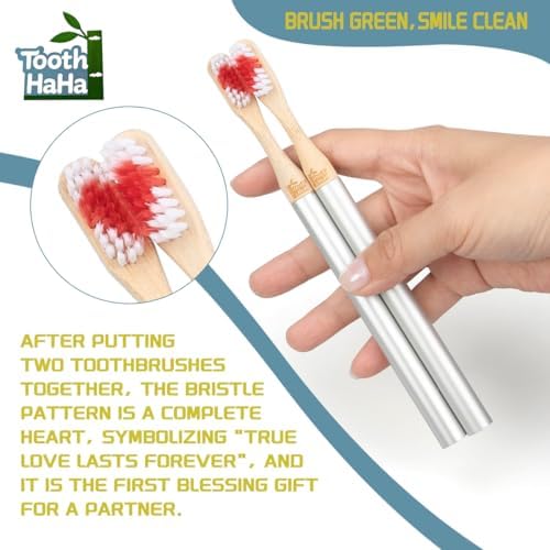 Replaceable Brush Head Toothbrush, 2 Aluminum Alloy Handles and 4 Bamboo Brush Heads, BPA-Free, Soft Tapered Bristles, Metal Toothbrush Set, Couple's Gift or Birthday Present