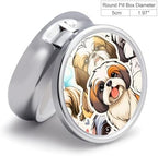 Cute Dog Metal Round Pill Box, 3 Compartment Travel Organizer, Portable Pill Container with Secure Latch, 2 Inch Circular Vitamin Caddy for Pills and Vitamins, Gift for Him Her Elderly