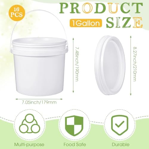 Leinuosen 16 Pcs 1 Gallon White Plastic Bucket with Handle and Lid Reliable Heavy Duty Barrel Pail Container Food Safe Bucket for Multipurpose Storage Paint Art Crafts Projects