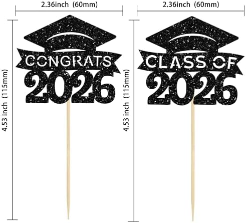 36Pcs Graduation Cap Cupcake Toppers Glitter Class of 2026 Congrats Grad Cap Cupcake Picks Graduation Theme Cake Decorations for 2026 Grad Party Supplies Black