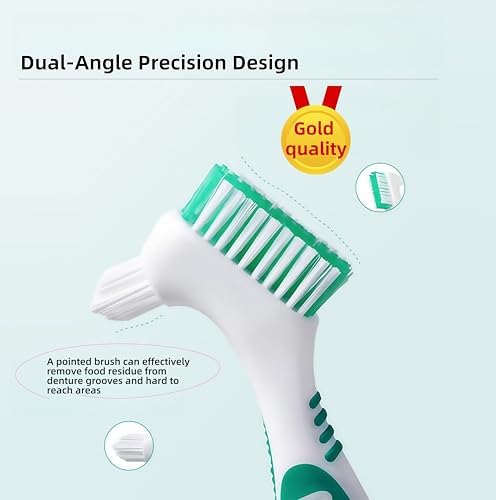 Denture Cleaning Brushes 2-Pack with Dual-Angle Heads - Soft Nylon Bristles & Ergonomic Grip, Travel Denture Brush Kit for Seniors (Green/Purple) | Denture Care Essentials