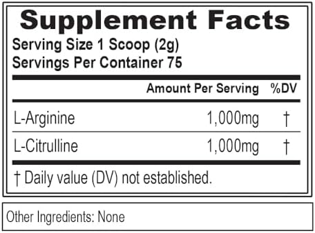 L Citrulline L Arginine Powder - Invigorating Nitric Oxide Powder with Ideal 1:1 Ratio L-Citrulline & L-Arginine 1000mg Each Per Serving for Enhanced Pumps Energy & Stamina (Unflavored, 75 Servings)