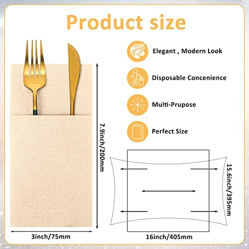 Cindeer 150 Pcs Champagne Linen Dinner Feel Napkins with Built in Flatware Pocket Prefolded Paper Disposable Airlaid Guest Hand Towel for Silverware Wedding Reception Christmas Baby Shower