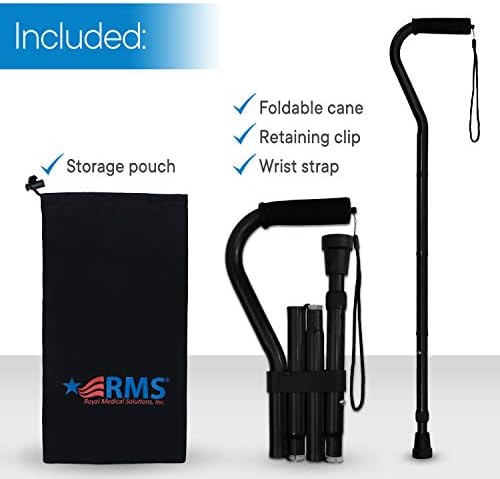 RMS Folding Cane with Offset Foam Handle, Adjustable Walking Stick with Carrying Pouch (Black)