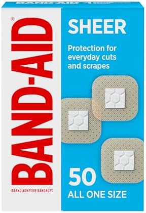 BAND-AID Brand Sheer Spots Adhesive Small Square Bandages, Sterile, Individually Wrapped Discreet First Aid & Wound Care for Minor Cuts & Scrapes, Quilt-Aid Comfort Pads, One Size, 50 ct